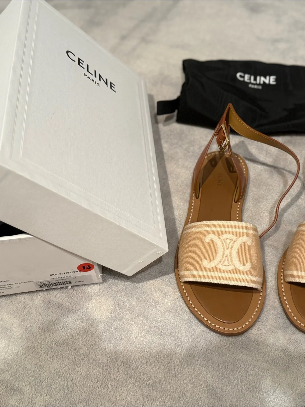 CELINE Lympia Triomphe Canvas Sandals Tan Leather Ankle Strap 8.5 / 38.5